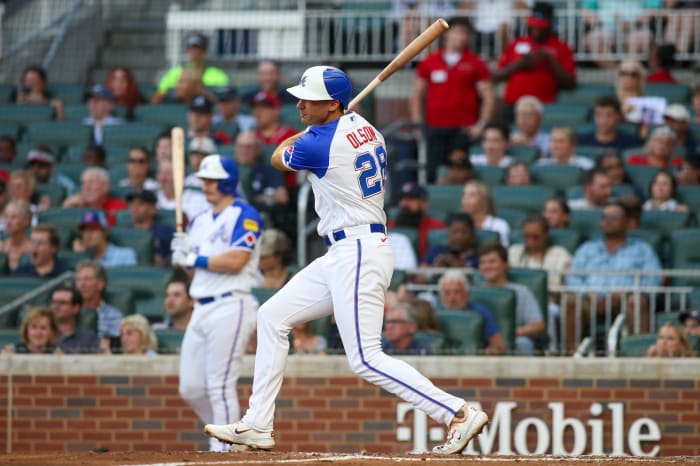 Jul 15, 2023; Atlanta, Georgia, USA; Atlanta Braves first baseman Matt Olson (28) hits a single against the Chicago White Sox in the third inning at Truist Park. Mandatory Credit: Brett Davis-USA TODAY Sports